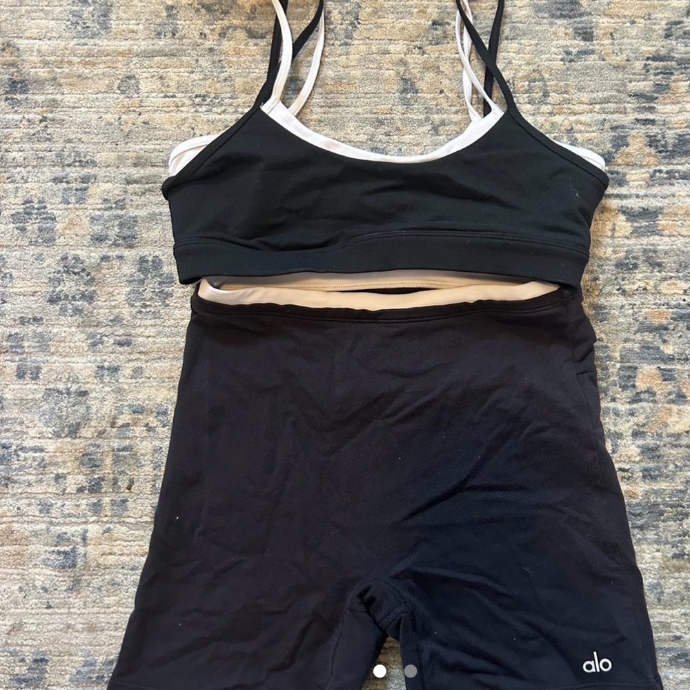 ALO Yoga Black Bralette & Black High-Waist Shorts with Cream Trim
